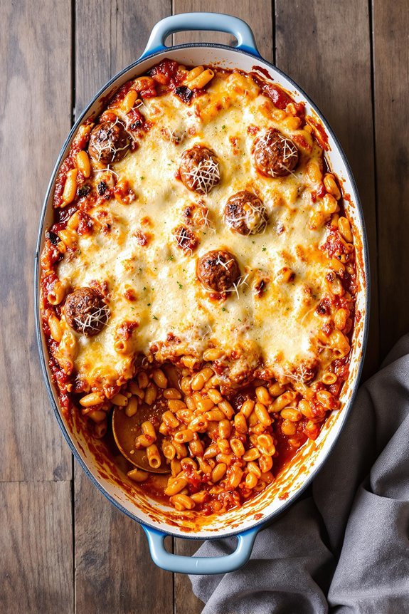 comforting pasta meatball bake