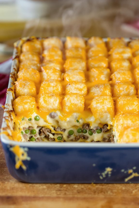 layering cheesy tater tot casserole