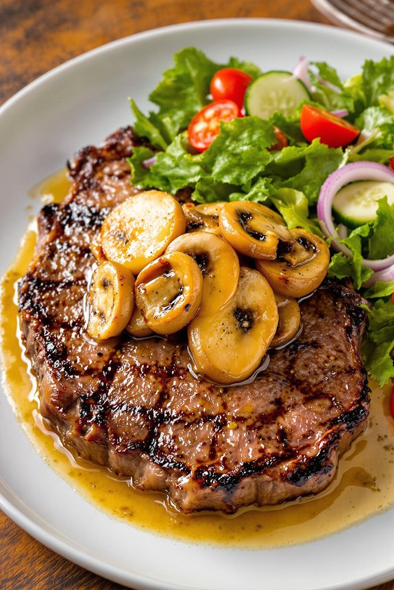 sizzling steak with mushrooms